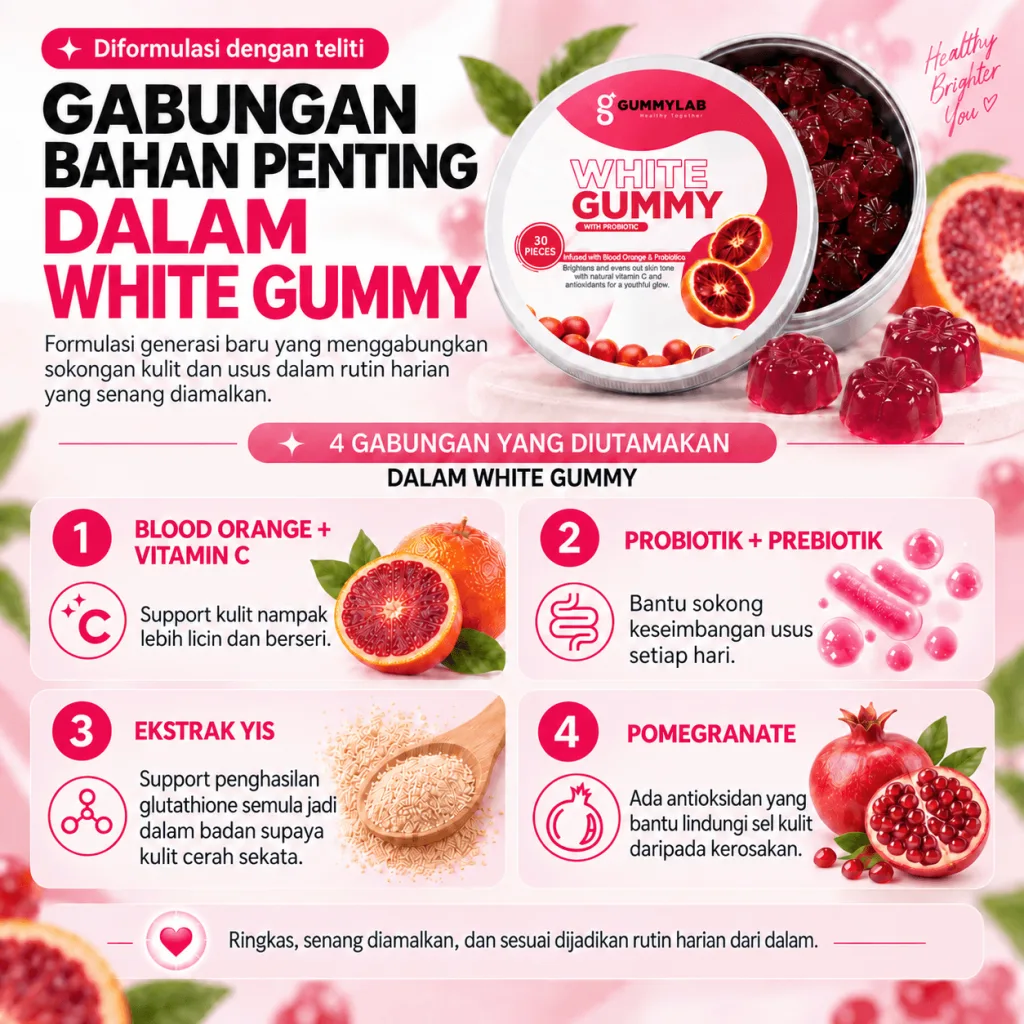 Gabungan bahan utama Gummy White: Blood Orange, vitamin C, probiotik, prebiotik, ekstrak yis dan pomegranate.